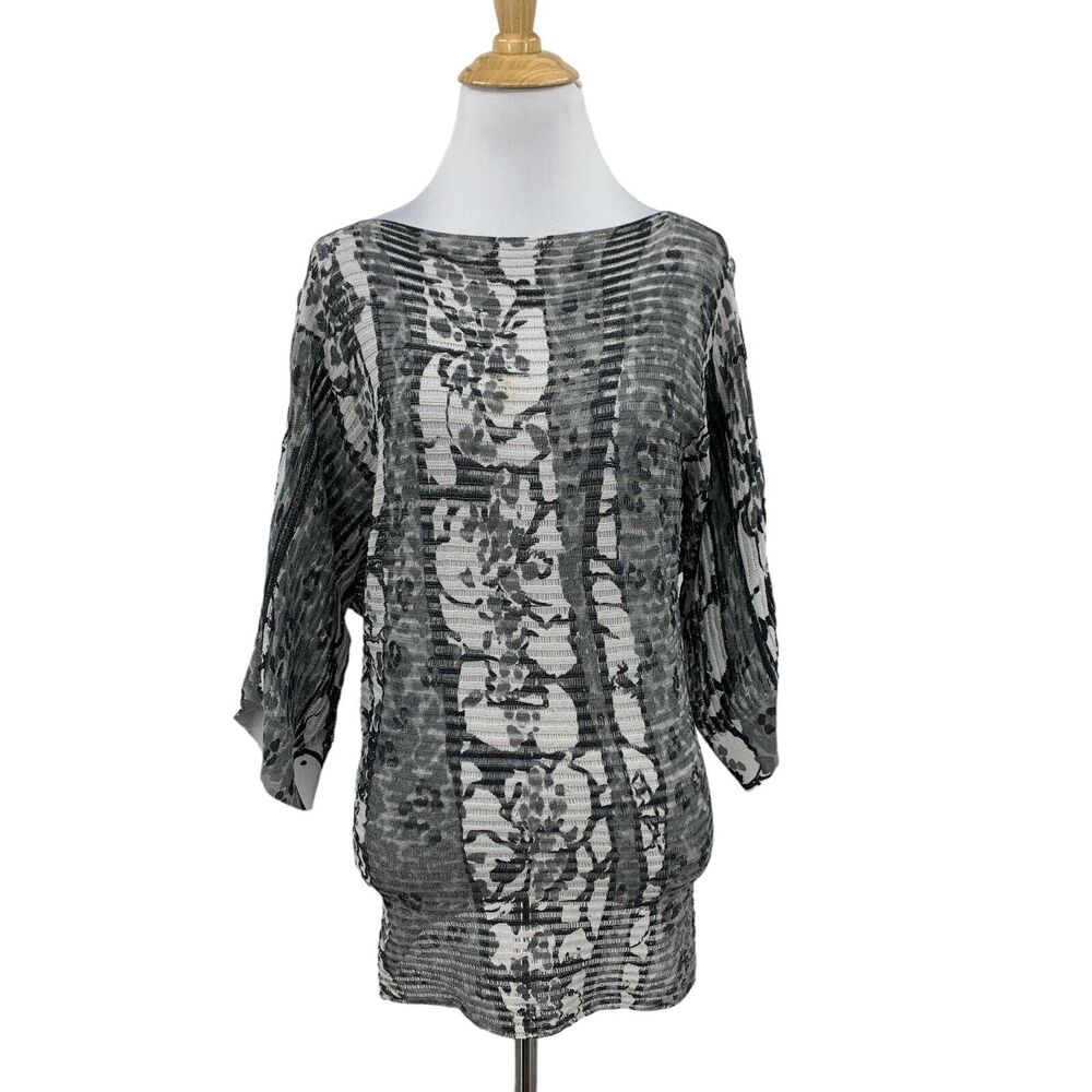 Alberto Makali Blouse Womens S Small Gray Lace Quarter Sleeve Stretch Sheer Knit